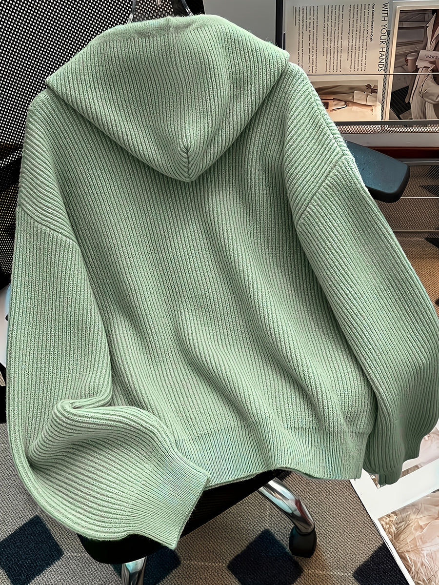 Autumn And Winter Hooded Cardigan, Solid Color Casual Easy Button-Up Sweater, Soft And Comfortable Elegant Women'S Clothing - Light Green