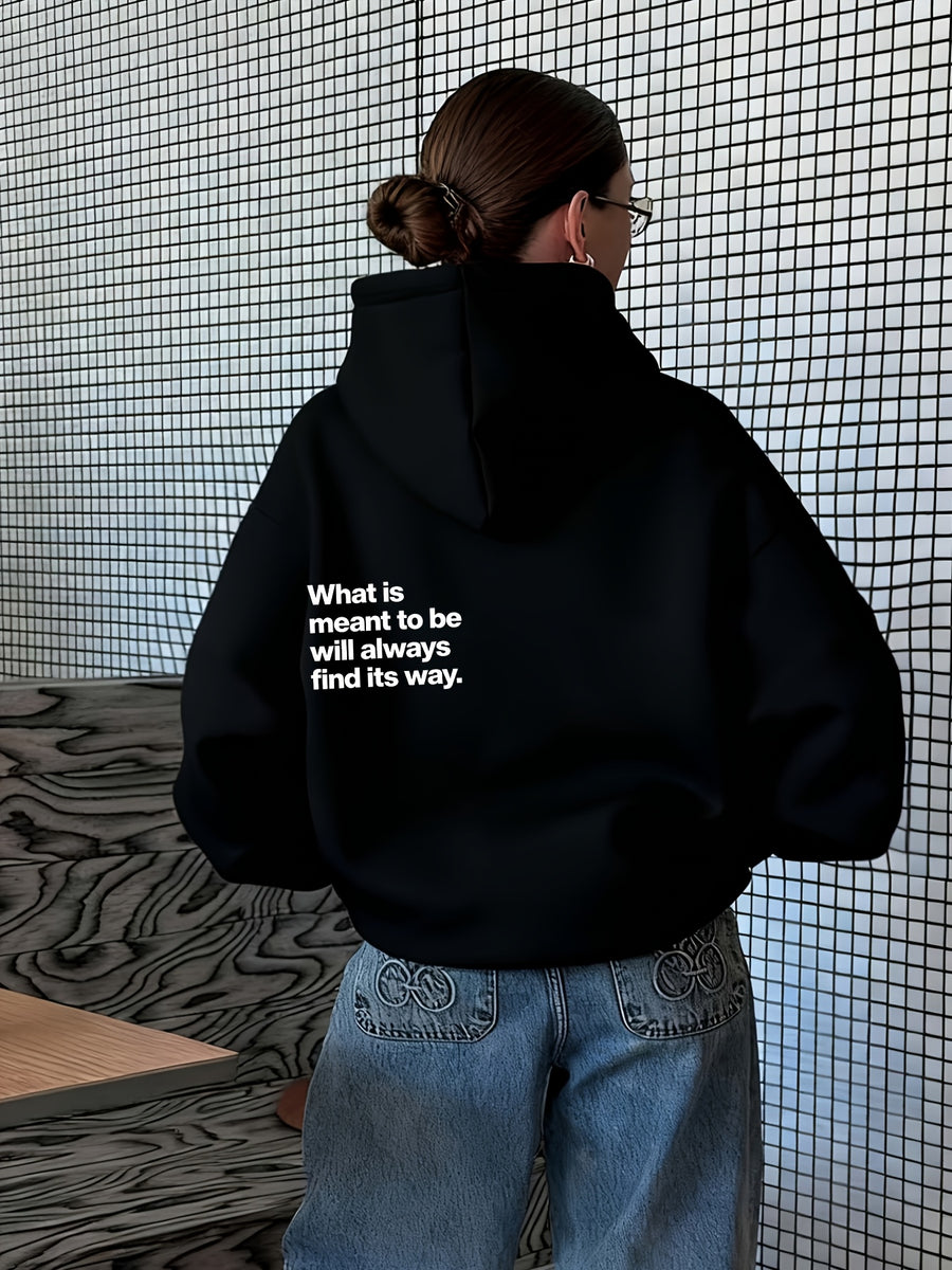 Women's Atmospheric Back English Phrase Print Hooded Sweatshirt with Fateful and Quote Design, Loose Oversized Drop-Shoulder Fit for Daily Streetwear Casual Pullover Hoodie - Black