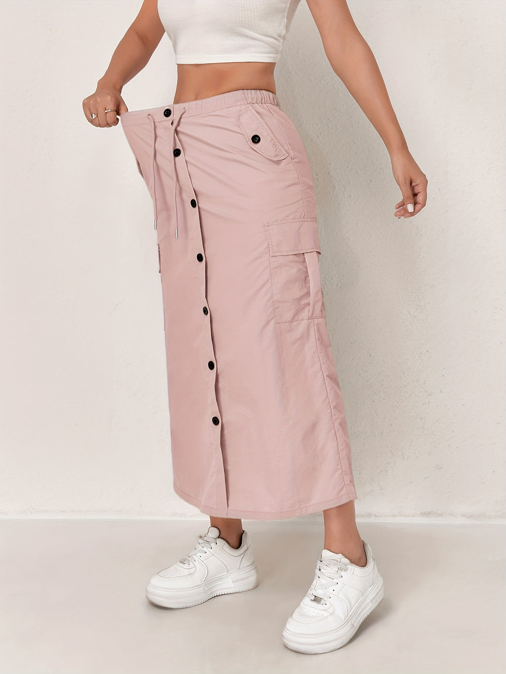 Outdoor Quick-Dry Cargo Skirt Button Design High-Waist Casual Women'S Half Skirt Multi-Pocket Machine Washable Mid-Length Dress - Pink