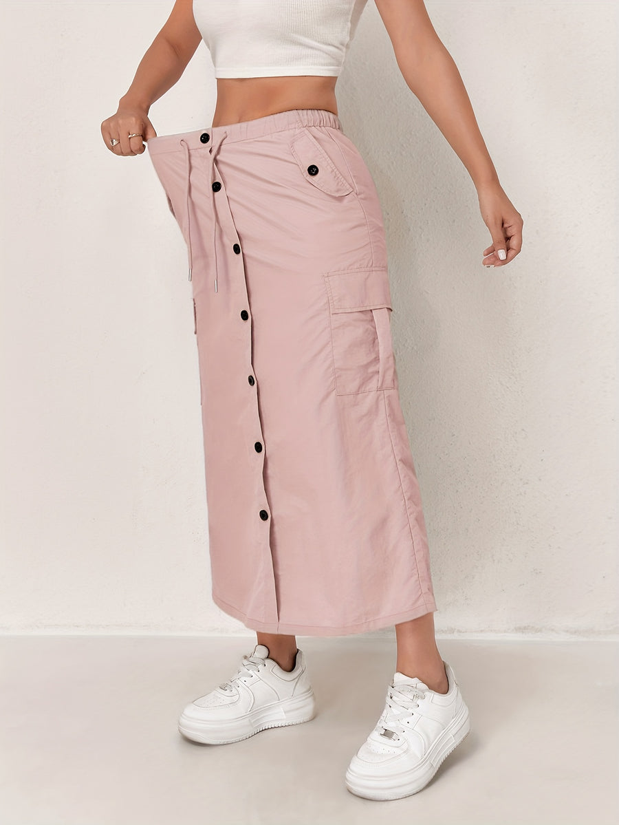 Outdoor Quick-Dry Cargo Skirt Button Design High-Waist Casual Women'S Half Skirt Multi-Pocket Machine Washable Mid-Length Dress - Pink