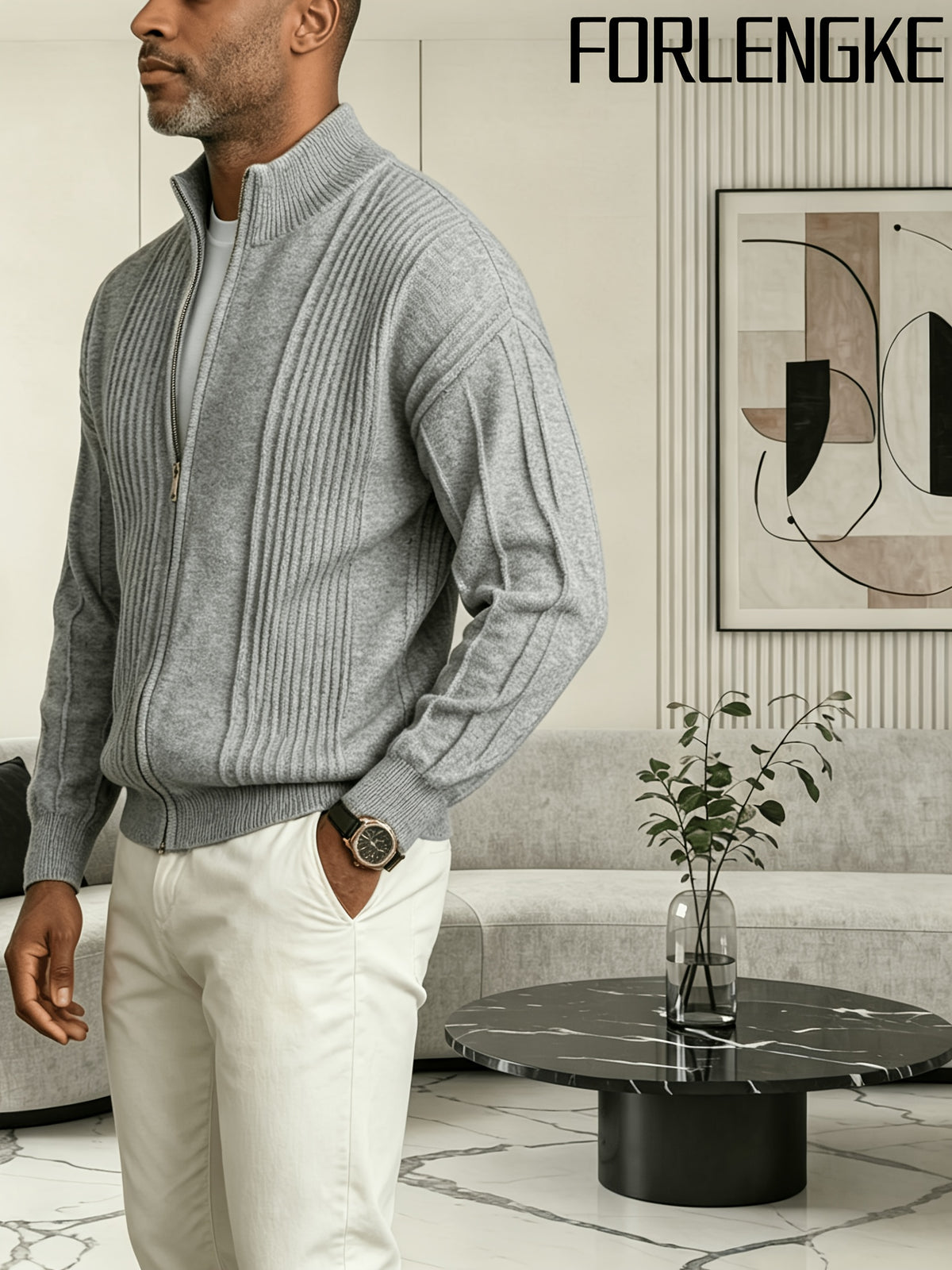 FORLENGKE 2026 New Men Business Casual Stand Collar Full Zip Vertical Ribbed Knit Cardigan, Soft Thick Loose Long Sleeve Sweater Jacket for Fall Winter Office Daily Wear - Grey