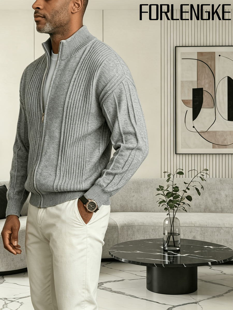 FORLENGKE 2026 New Men Business Casual Stand Collar Full Zip Vertical Ribbed Knit Cardigan, Soft Thick Loose Long Sleeve Sweater Jacket for Fall Winter Office Daily Wear - Grey