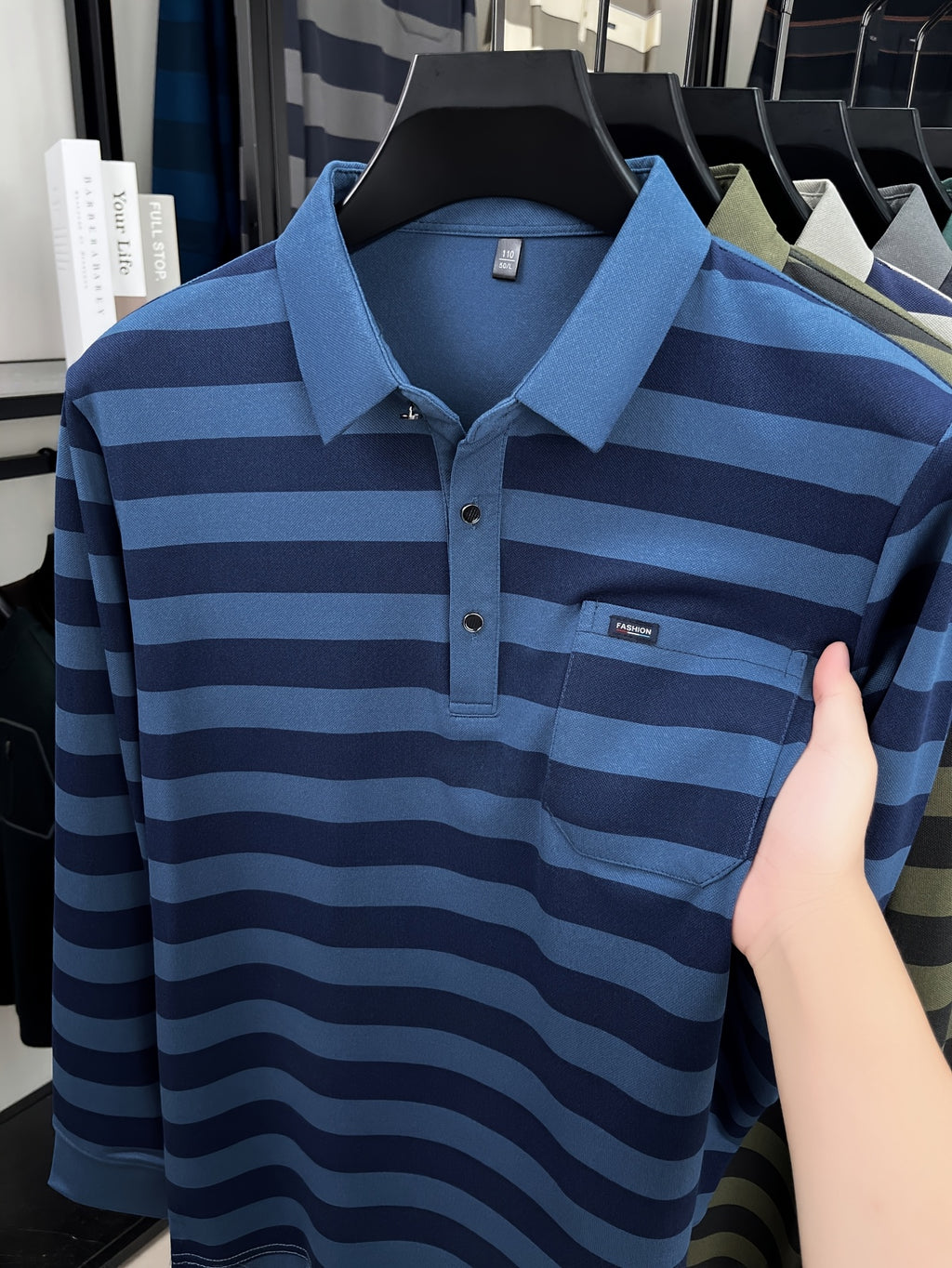 Minimalist Urban Striped Long-Sleeve Polo Shirt for Portable Daily Commuting - Blue