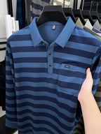 Minimalist Urban Striped Long-Sleeve Polo Shirt for Portable Daily Commuting - Blue