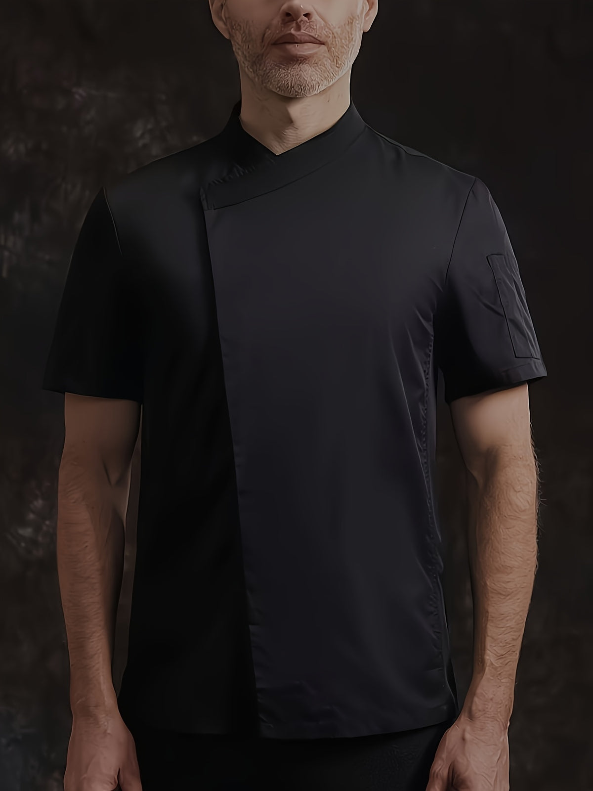 Men'S Summer Short-Sleeve Chef Uniform, Men'S Shirts, Jackets with Pockets, Polyester Fiber Material, Suitable for Hotel Kitchen Dessert Shops, Men'S Gifts - Black