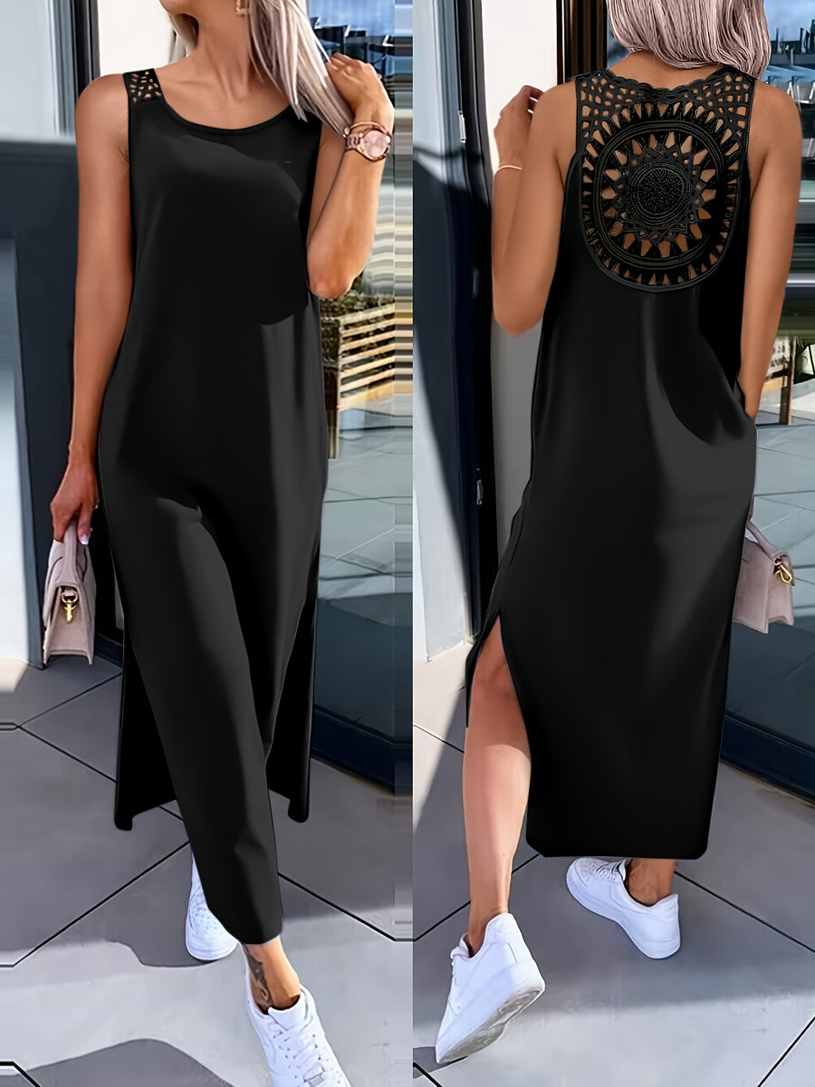 New Summer Back Hollow Lace Trim Solid Round Neck Tank Top Dress Women'S - Black