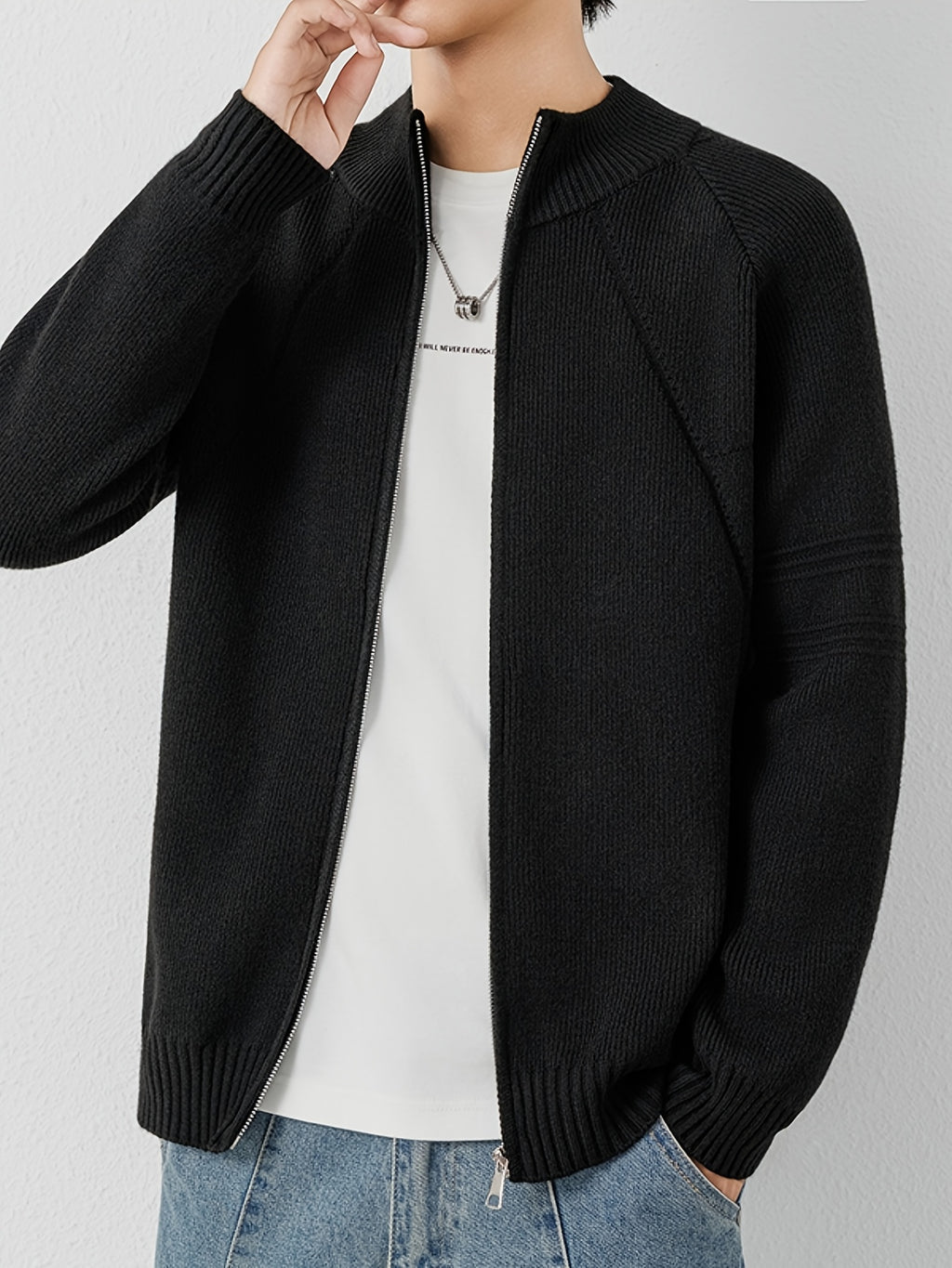 [Wading Whale OBM] 1pc Autumn Winter New Men'S Knit Cardigan, Old Money Style Textured Solid Color Round Neck Zipper Front Long Sleeve Sweater Vest Top, Men'S Casual Fashion, Suitable for Autumn And Winter Wear, Fits Daily Commute, Office Casual - Black