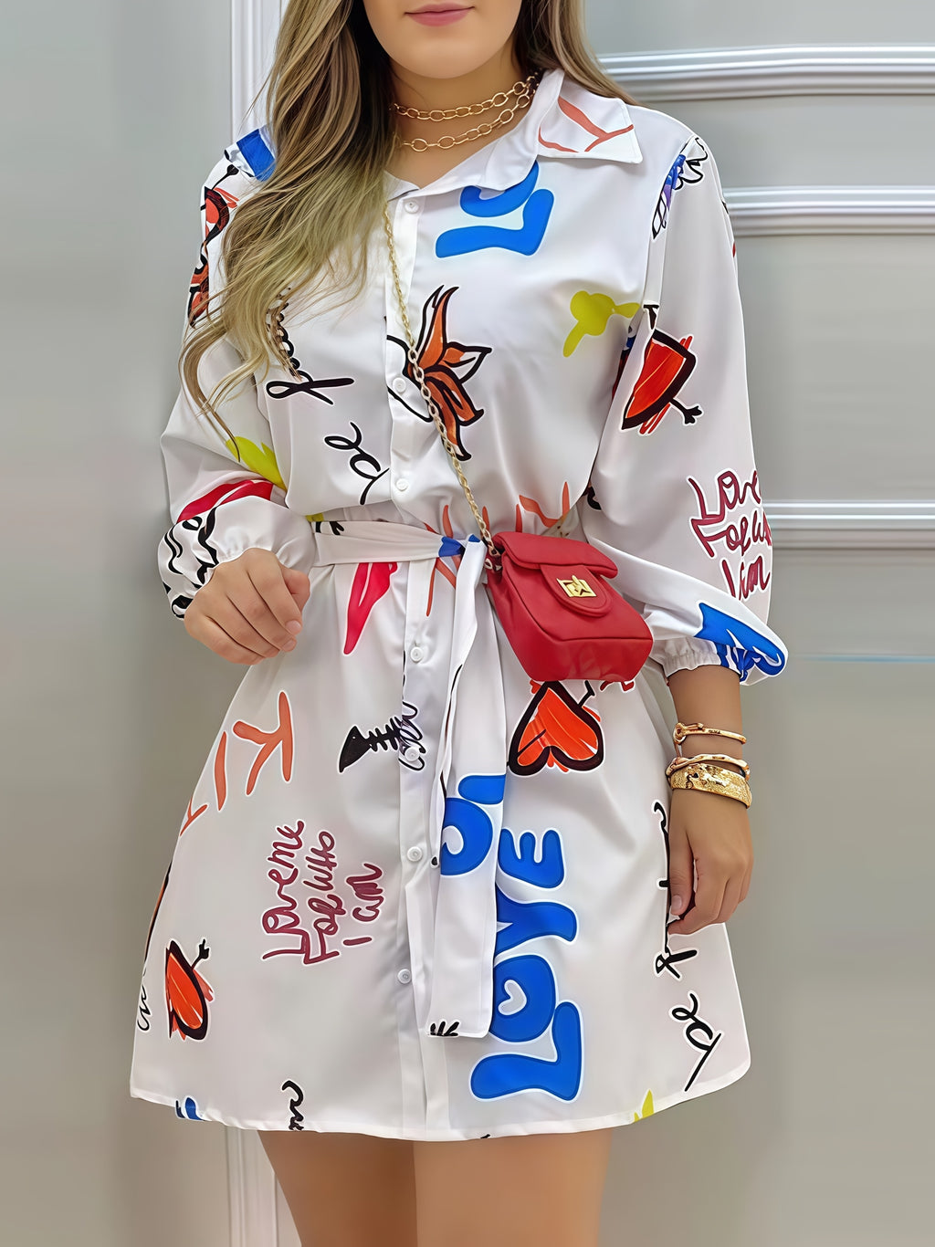 Women's Fashion Printed Belted Mid-length Sleeve Shirt Dress - Mixed colors