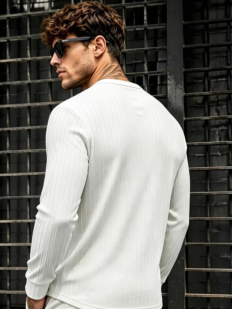 Men'S New Knit Retro Stretch Top, Textured Casual Loose Commuter All-Match Long Sleeve Henley Shirt - White