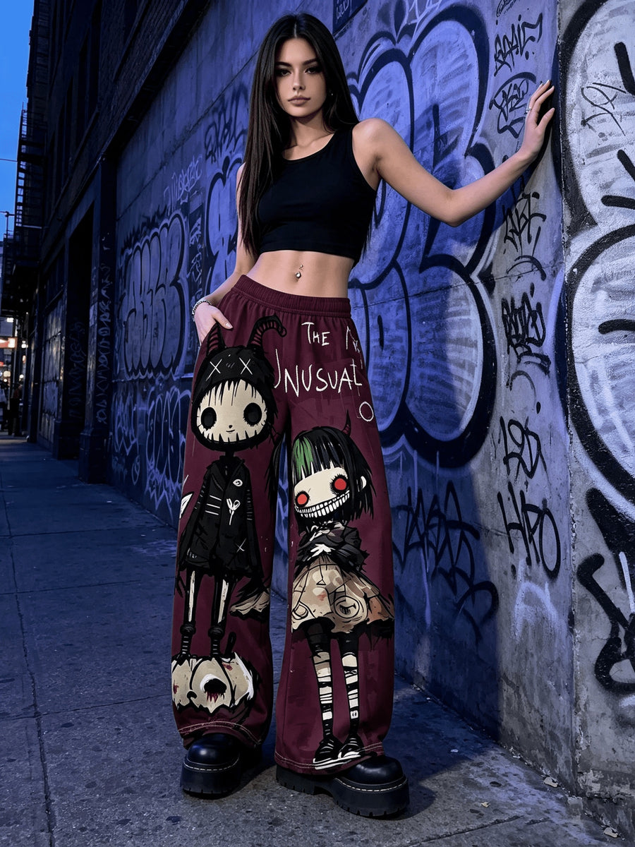 Women'S Digital Print Spring Summer Autumn Retro Horror Doll Cartoon Printed Women'S Trousers, Punk Y2K Subculture Loose Drapey Wide-Leg Pants - Burgundy
