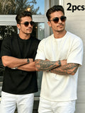2pcs Men'S Solid Color Summer Easy Trendy Casual Top - (Black And Apricot) Combination, Round Neck T-Shirt, Suitable for Husband, Father'S Day Gift - Black + Apricot