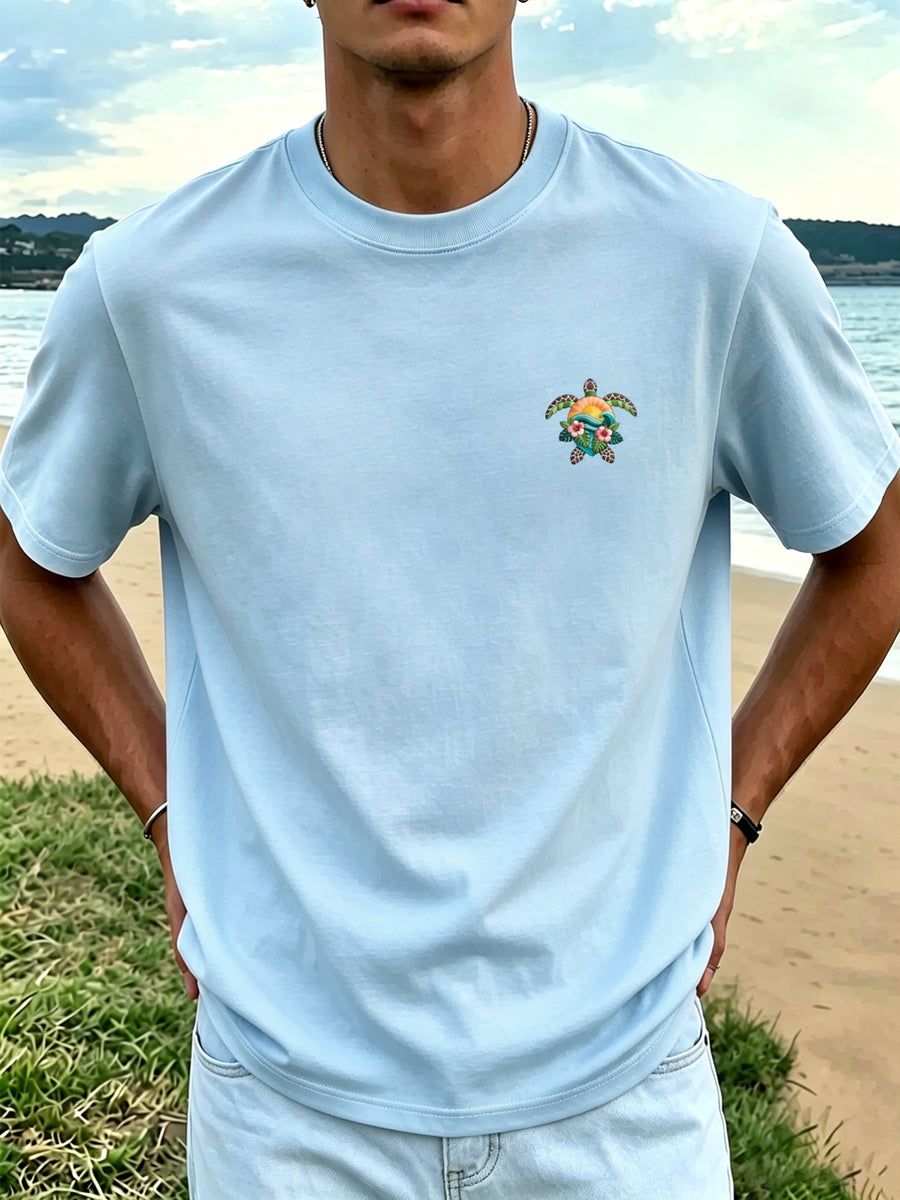 Men'S 100% Round Neck Short Sleeve T-Shirt with Turtle, Floral, And Wave Print, Comfortable, Soft, Breathable, Casual, Fashionable Summer Top - Light Blue Color