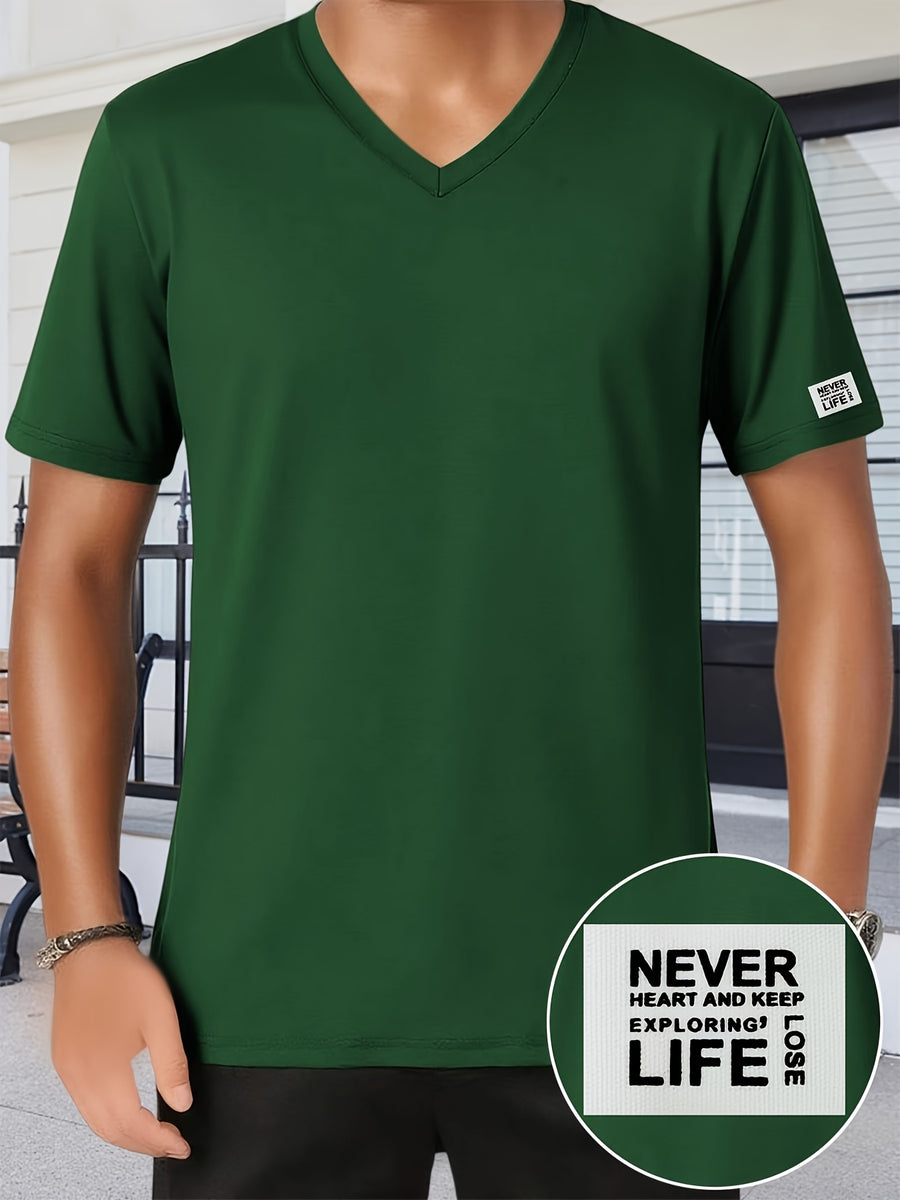 Men'S Patchwork V-Neck Short Sleeve T-Shirt, Suitable for Summer Outdoor Casual Wear, Casual Versatile Knit Top - Dark Green 2