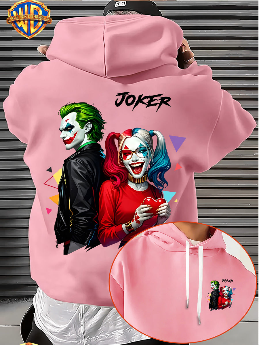 Warner Bros. American Comic-style Joker and Harley Quinn Back-to-back Design, JOKER Title Character with Heart Graphic and Colorful Triangle Accents, Trendy and Cool Printed Men's Fashion Hooded Sweatshirt, Sleeve Print Design, Kangaroo Pocket - Pink Color