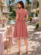 Women's Elegant Lace V-Neck Short Sleeve Chiffon A-Line Wedding Party Short Dress - Cinnamon