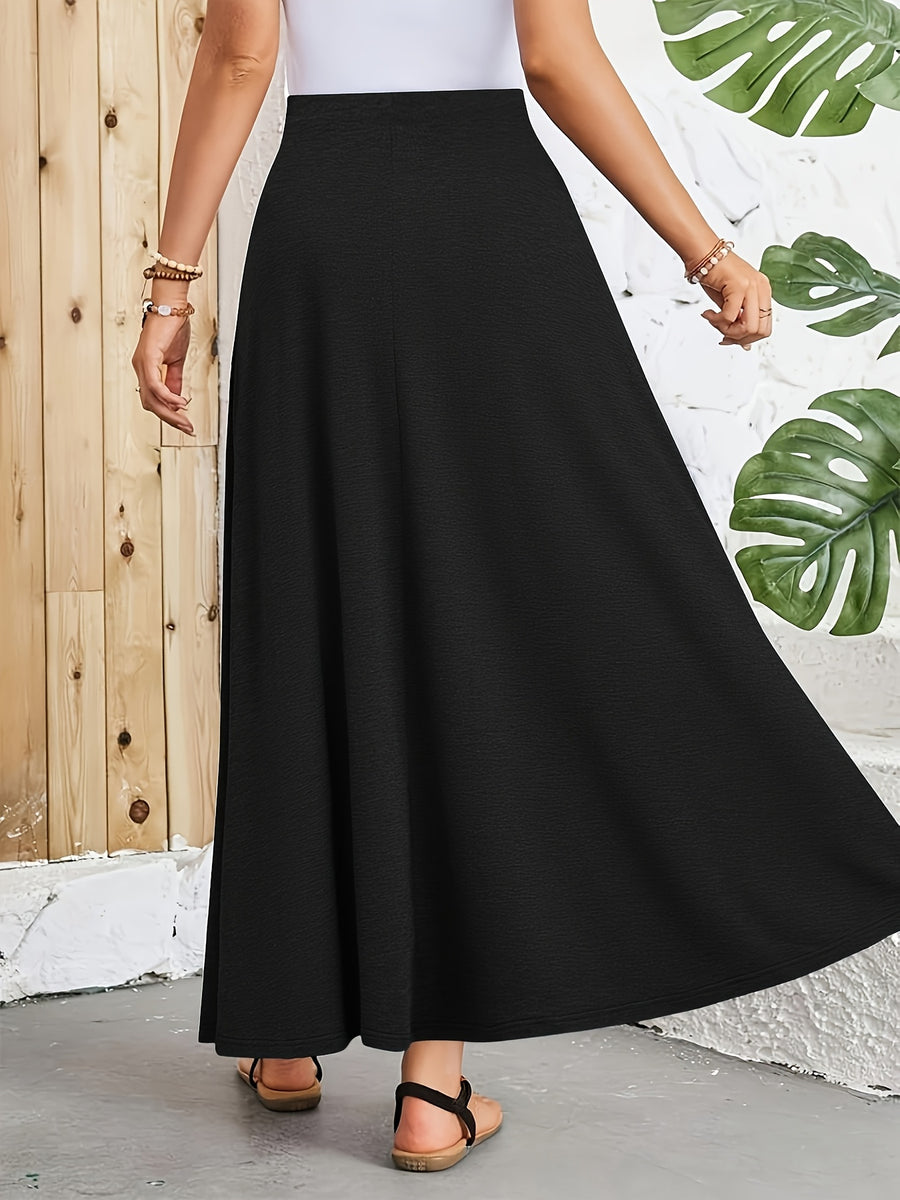 Elegant High-waisted Skirt with Faux Drawstring - Solid Color - Black