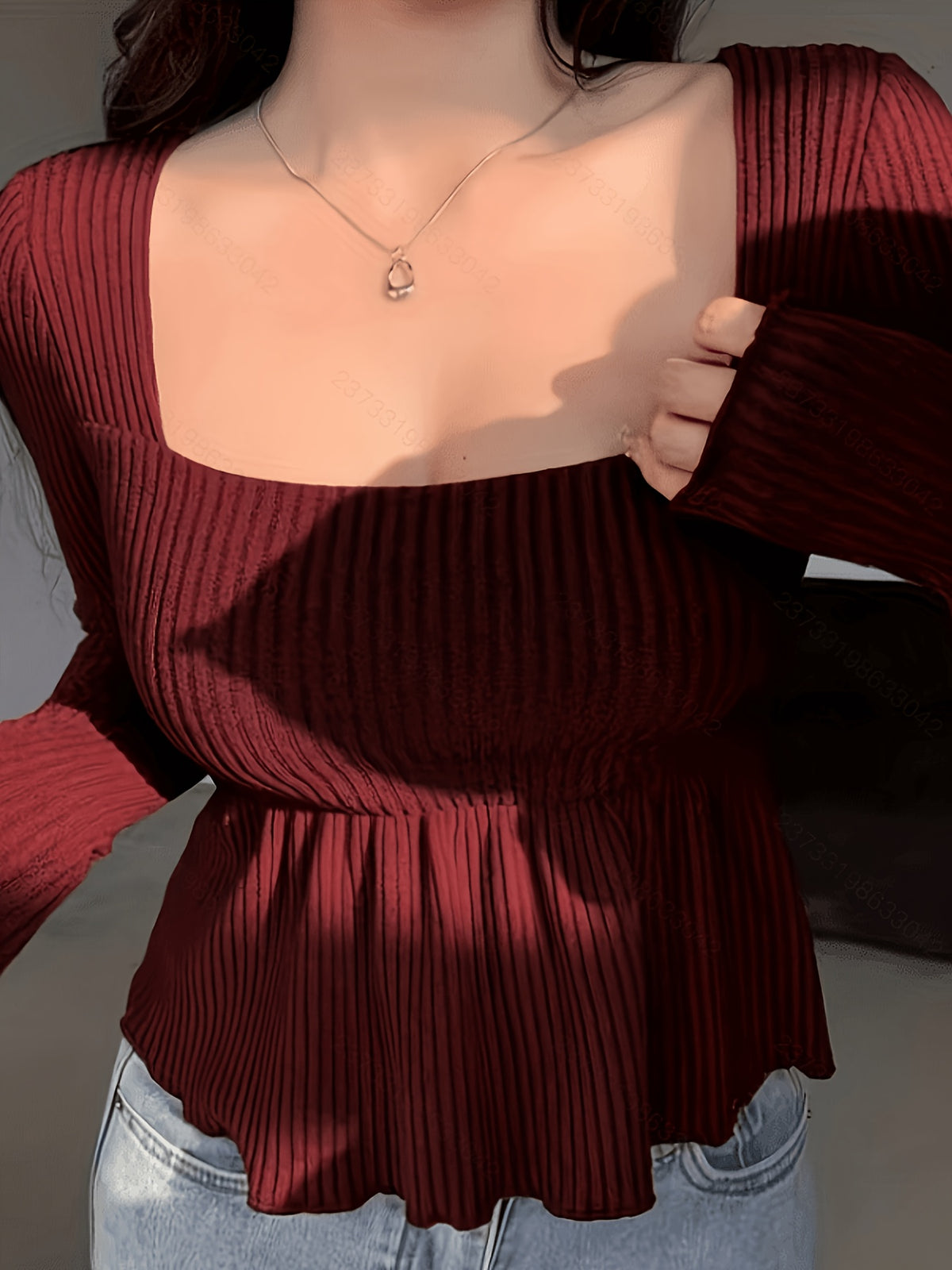 Women'S Square Neck Textured Fabric A-Line Hem T-Shirt, Doll Outfit Top - Burgundy