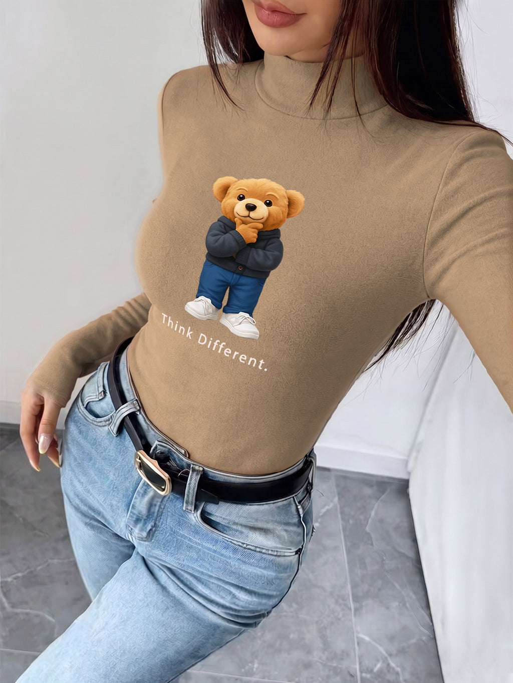 Women'S 2026 New Fashion Half-Neck Long Sleeve Body Suit, Casual Texture Autumn Winter Style, Essential Base Layer for Fall Winter, Slim Sexy Comfortable Warm, Printed with "Think Different Bear" - Khaki