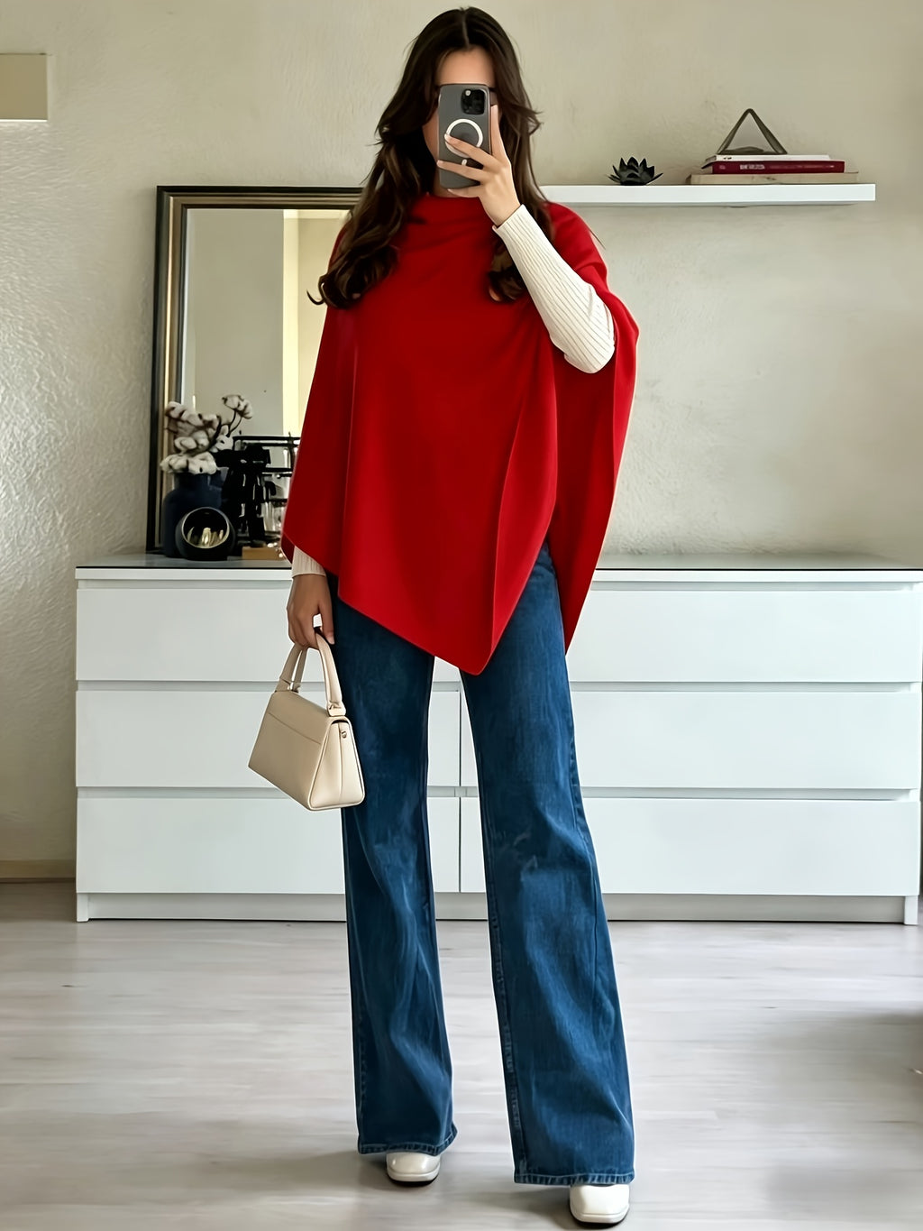 Women's Shawl, Versatile for All Seasons - Elegant and Graceful, Stylish Solid Color Cape Shawl, Wind-Resistant Fashionable Solid Color Multi-Functional Fabric Shawl, - Red