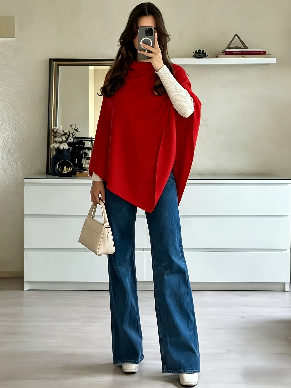 Women's Shawl, Versatile for All Seasons - Elegant and Graceful, Stylish Solid Color Cape Shawl, Wind-Resistant Fashionable Solid Color Multi-Functional Fabric Shawl, - Red