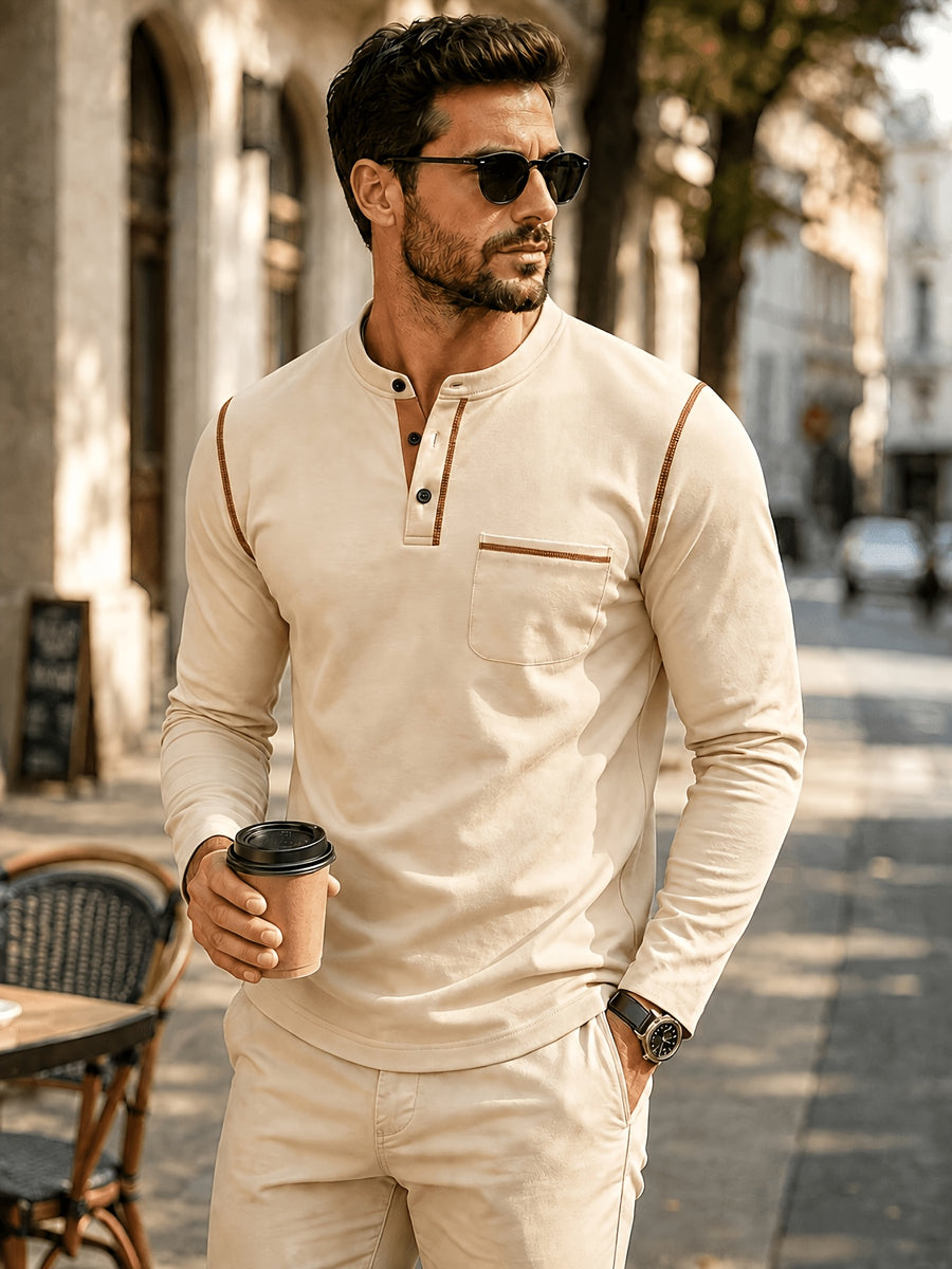 1pc Men'S Long Sleeve Henley Shirt, Stand Collar Slim Fit Casual Top, Solid Color Micro-Elastic Machine Washable Fabric, Contrast Stitching, Pocket Design Suitable for Early Autumn, for Daily, Travel, Dates - Khaki