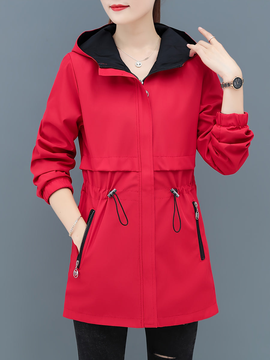 Reversible Women'S Trench Coat Jacket, Mid-Length Hooded Outerwear, Spring/Autumn Red And Green Contrast, Adjustable Waist Tie, Casual Elegant Outdoor Cardigan Top, Front Pocket Zipper Design, Non-Stretch Fabric, Fashionable Jacket - Red