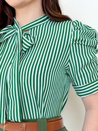 Short Sleeve Striped Shirt with Bubble Sleeves and Bow Tie - Green