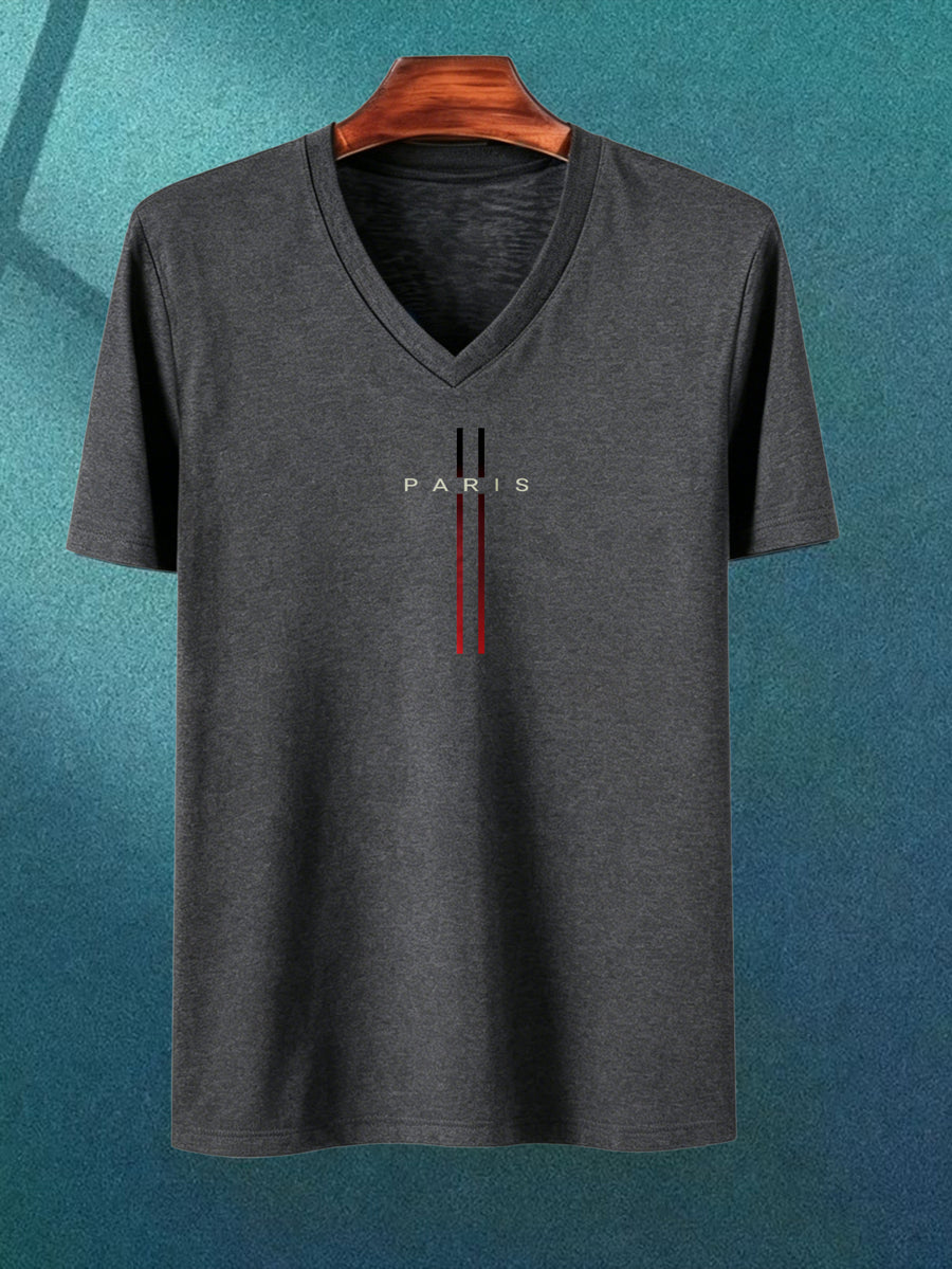 Casual Minimalist Men's T-Shirt Paris Text And Lines Design Summer And Spring Wear for Himself Or Friend - Dark Gray