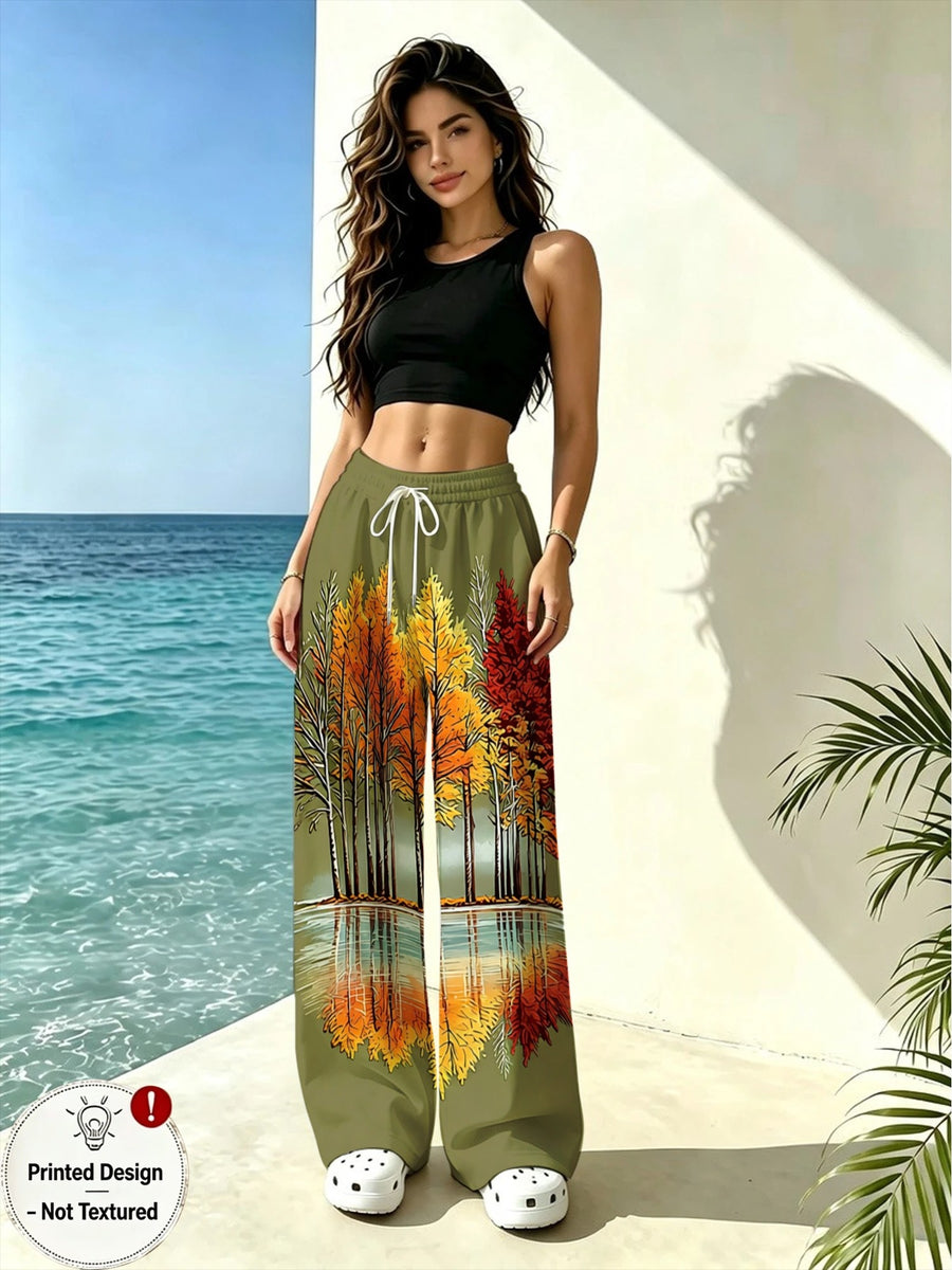 Printed Design - Not Textured, Women'S Fashion Trousers, Autumn Tree Pattern Print, Comfortable Fit, Suitable for Daily Wear, Work, Leisure, Stylish Design, Unique Pattern, Enhances Style, Versatile for Various Occasions - Mixed colors