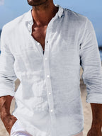Men's 100% Pure Cotton Lapel Button-Up Long Sleeve Shirt, 2pcs Set. A Versatile Casual Top for Spring and Autumn, Suitable for Daily Wear. The Fabric Is Comfortable and Breathable, Making It Perfect for Beach Vacations and Everyday Outings - Black+White