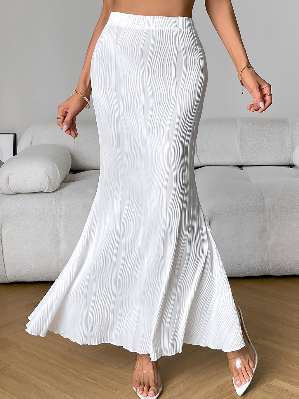 Directional Women'S Textured Fishtail Skirt Elastic High-Waist Butt-Hugging Half Skirt Elegant Party Dance Dress - White