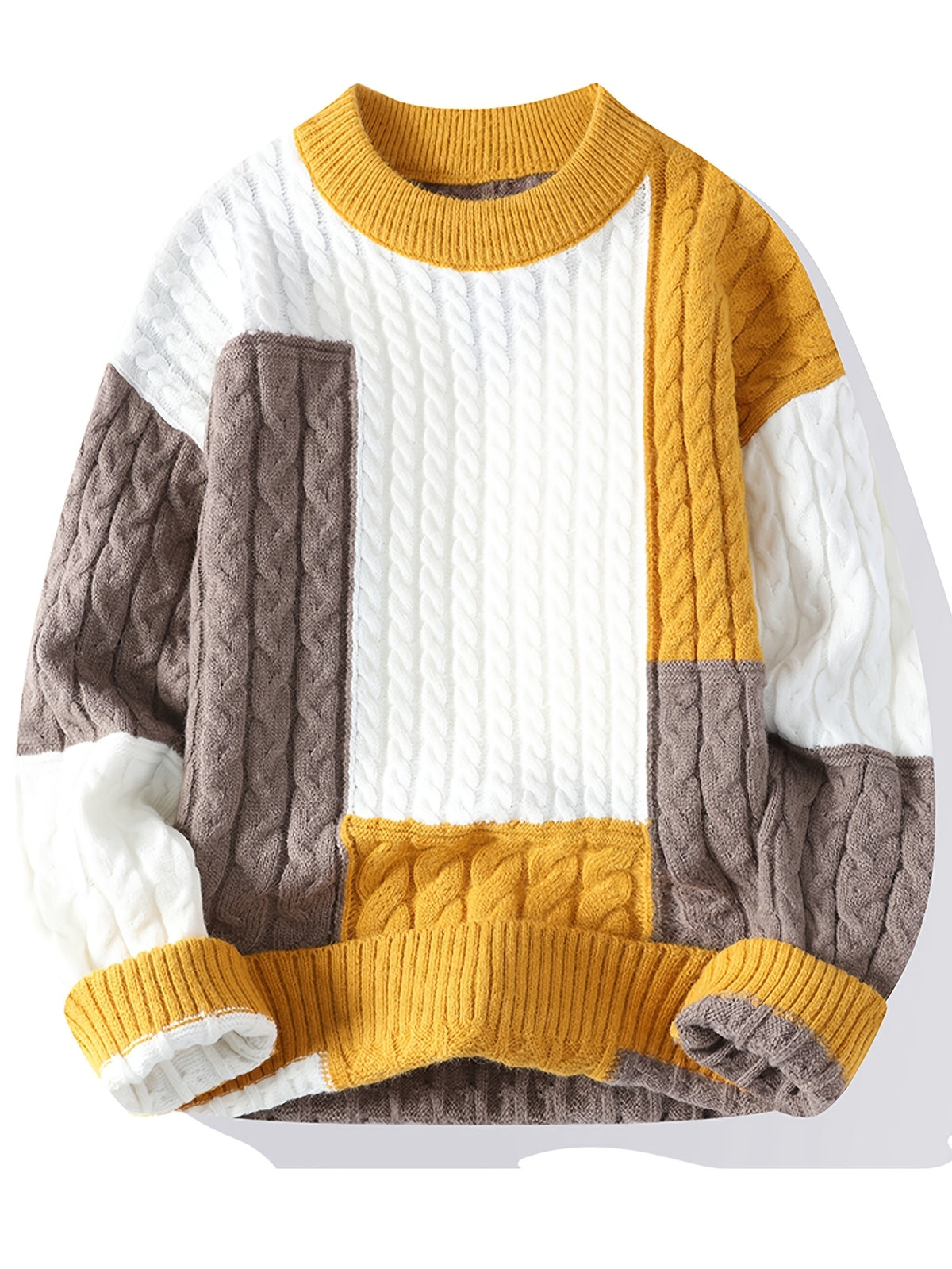 Men'S Fashion Trend Semi High Neck Knitted Sweater Autumn And Winter New Item Color Blocking Splicing Warm Pullover Top - Yellow
