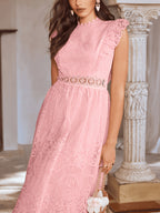 New Women'S Spring And Summer Lace Ruffle Decoration Temperament Elegant Long Dress Evening Dress Bridesmaid Dress Dress - Pink