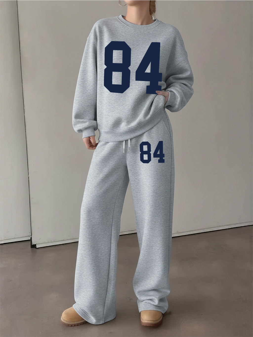 Graphic Print Two-Piece Set, Crew Neck Sweatshirt And Pants, Women'S Clothing - Grey