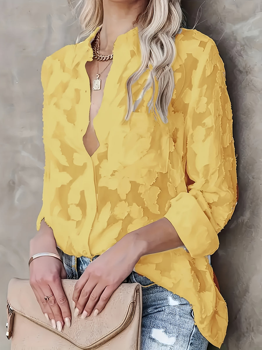 Elegant Collar Button- Shirt - Solid Color Semi-Sheer Blouse, Lapel Collar Button Front, Machine Washable Year-Round Versatile Top for Casual & Professional Wear () - Special Line - Yellow