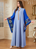 Women'S Spring Summer Fashion Sequin Appliqué Patchwork Ribbon V-Neck Contrast Loose Long Sleeve Arab Banquet Dress - Light Grey