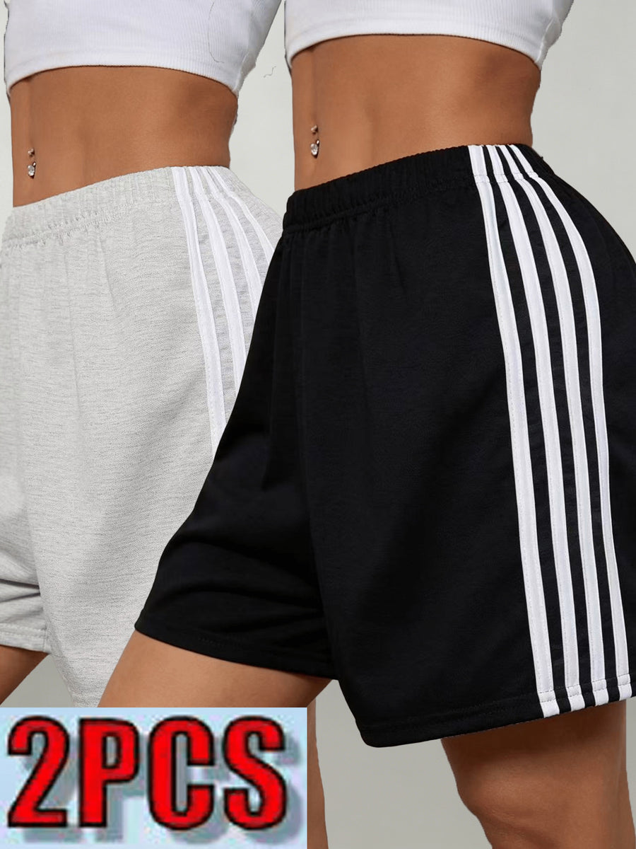2pcs Women's 2pcs Shorts Suitable for Leisure, Outdoor & Home Wear - Elastic Stretch Waist Loose Fit Short with Side Stripe Design, Elastic Waistband, Non-Stretch Solid Color Shorts for Spring Summer Fall, Machine Washable American Casual - Apricot + Black