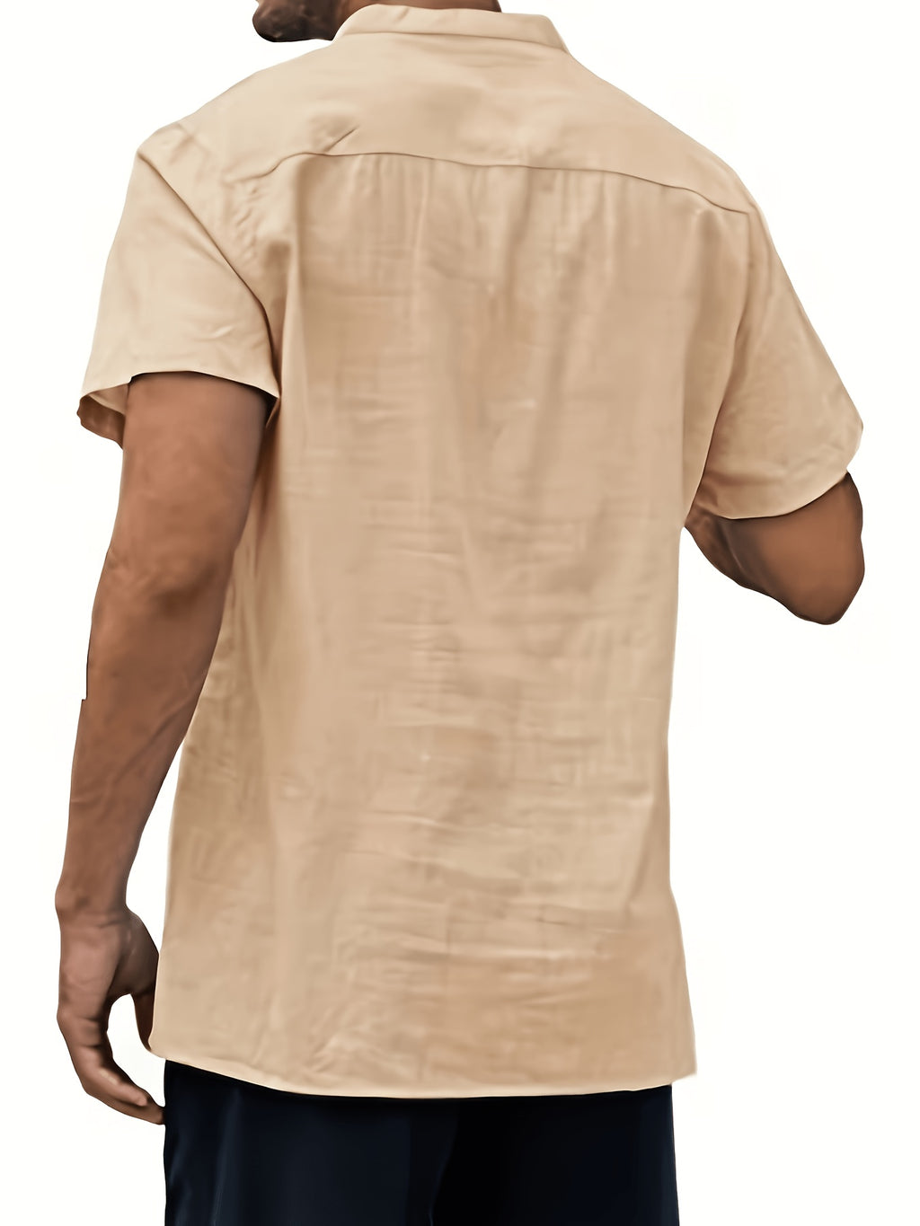 Men'S Summer Henley Collar Short Sleeve T-Shirt, Stand-Up Collar Casual Top, Breathable Linen, for Pool Parties, Beach Vacations, Ideal Choice for Beachwear Gifts - Khaki