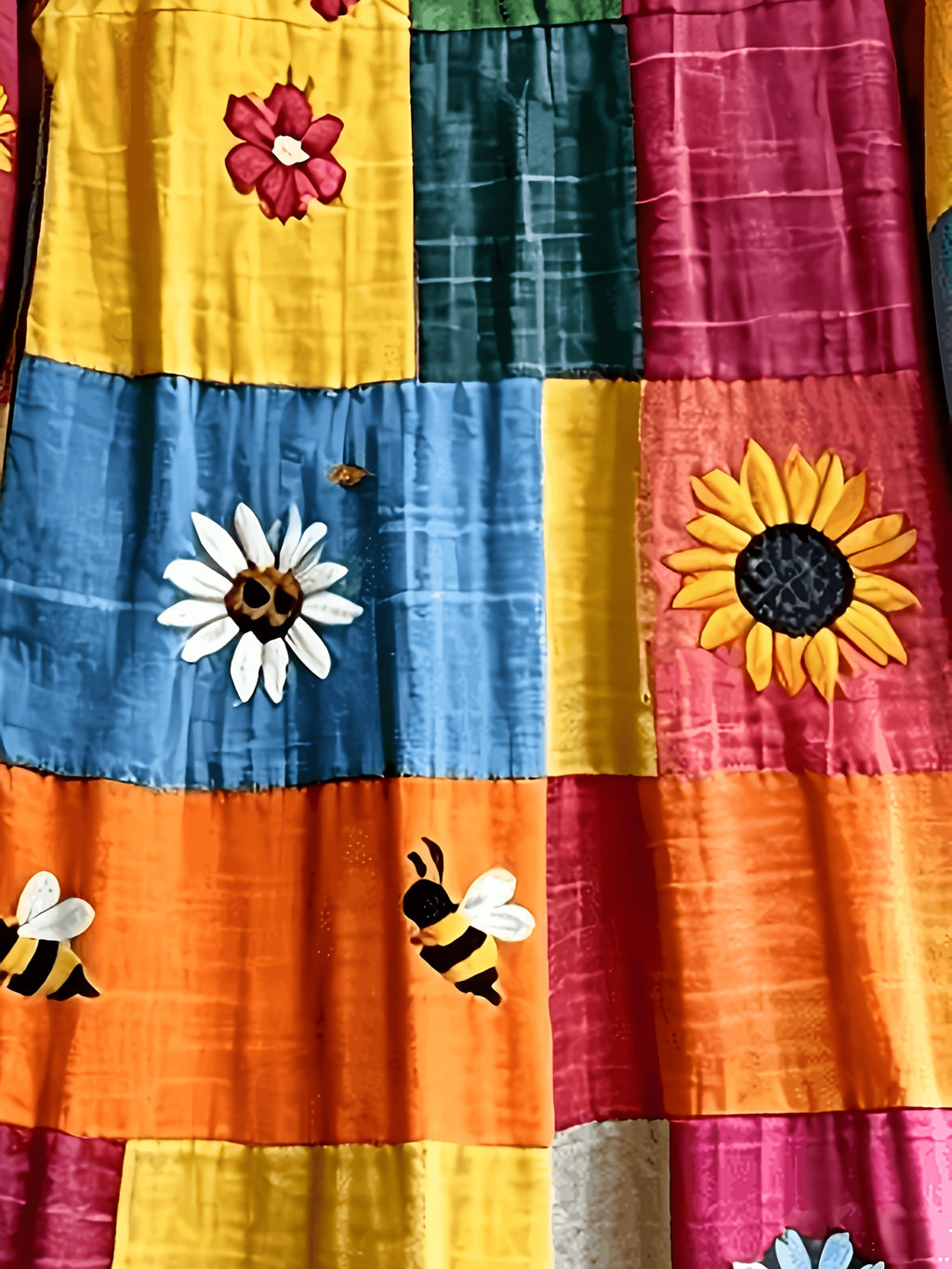 Plus Size, Plus Size Women's Vintage Sunflower & Bee Print Dress - Elegant Patchwork -Line Dress with Round Neck, Long Sleeve Suitable for - Wear, Machine Washable Suitable for Casual, Office, Semi-Formal Outfits - Multicolor