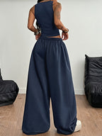 Fitted U-Neck Cami And Flowing Wide-Leg Floor-Length Pants, Street Hot Style with Elastic Waist, Casual Comfortable Height-Enhancing Bomber Street Women'S Two-Piece Set - Royal Blue