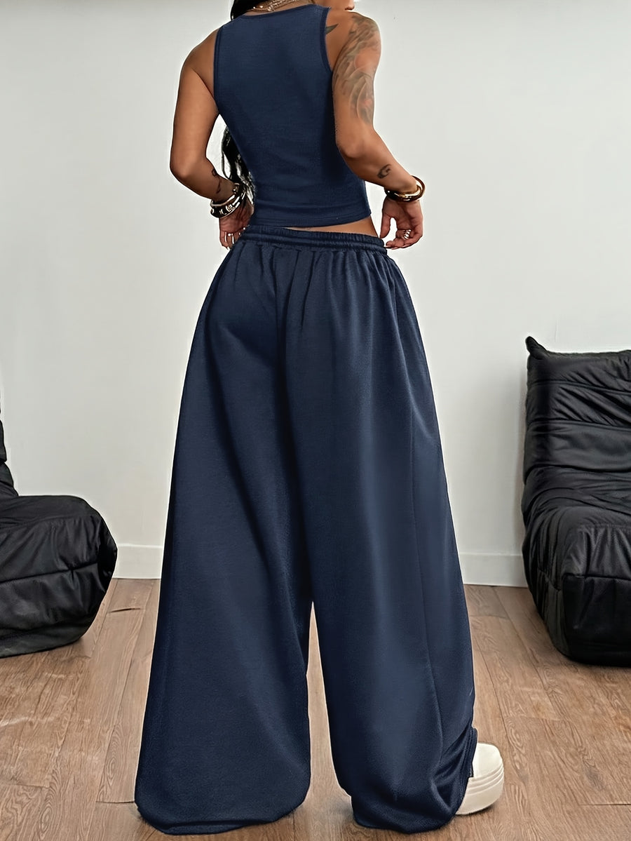 Fitted U-Neck Cami And Flowing Wide-Leg Floor-Length Pants, Street Hot Style with Elastic Waist, Casual Comfortable Height-Enhancing Bomber Street Women'S Two-Piece Set - Royal Blue
