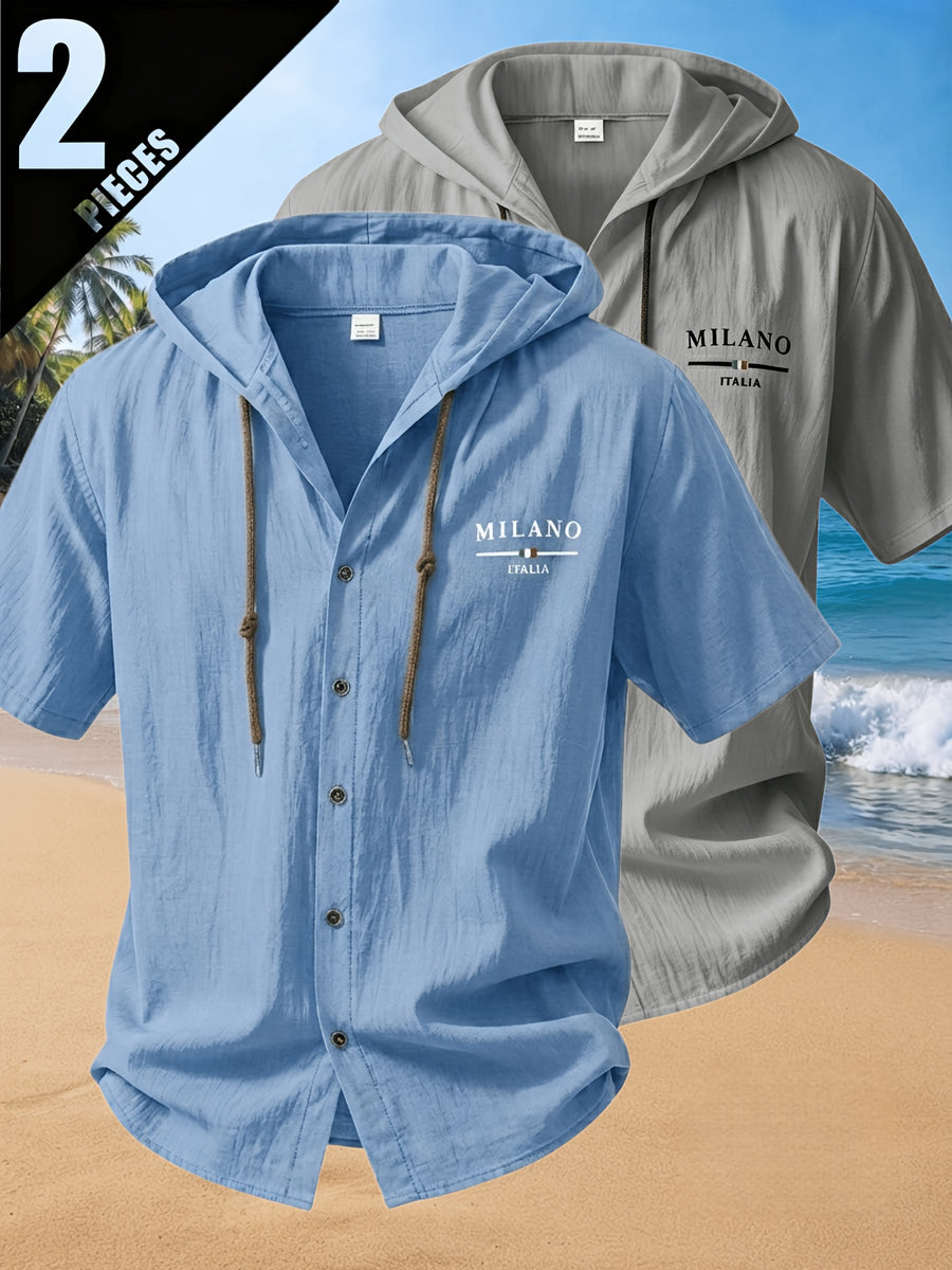2pcs Men'S Summer Short Sleeve Shirt Set, Breathable And Skin-Friendly Linen Fabric, Trendy Hooded Style, Suitable for Beach Vacations, Beach Outings, And Casual Wear - Mixed Color 14
