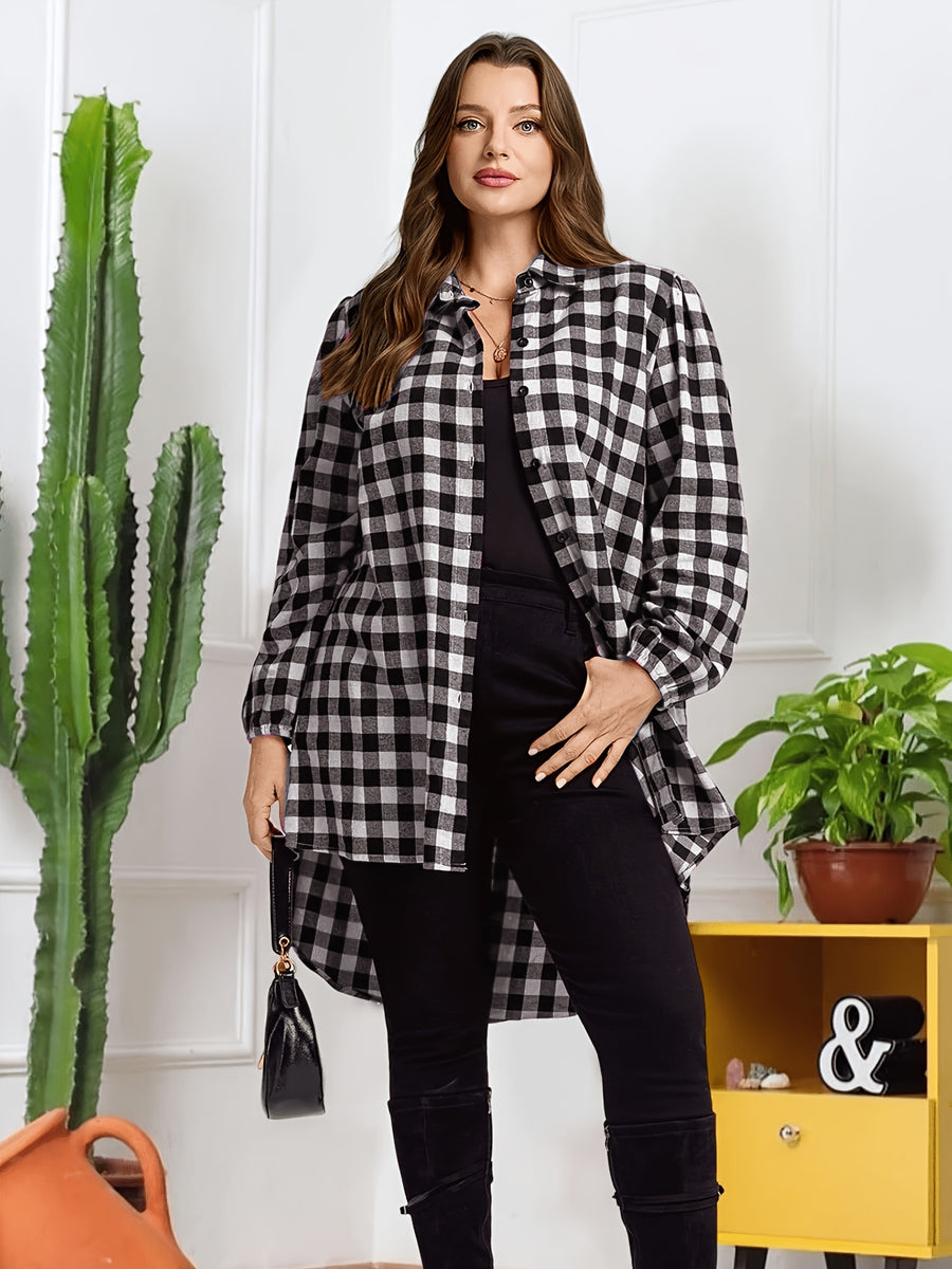 Plus Size, Women's Plus Size Elegant Black Checkered Lantern Sleeve Soft Breathable Vintage Street Style Casual Shirt Jacket - Black