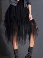 Elegant High-Waist Tulle Skirt | Multi-Season Versatile Mesh Skirt | Solid Color, Loose Fit, Tiered Design | Perfect for Spring & Summer Events | Durable, Easy-Care Fabri - Black