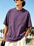 [Qiaoximei OBM] 2026 Summer New Men'S High-Quality Multi-Pocket Versatile Round Neck Short T-Shirt - Fashionable Street Beach Party Energetic Sports Men'S Trendy Loose Special Short Sleeve T-Shirt - Purple
