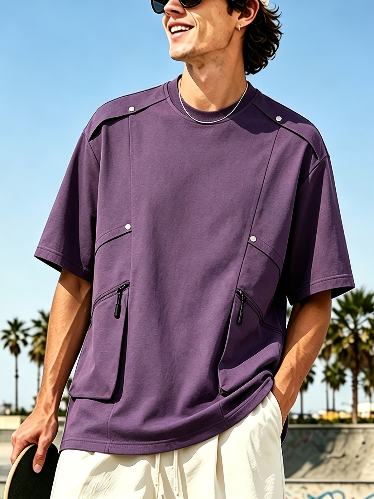 [Qiaoximei OBM] 2026 Summer New Men'S High-Quality Multi-Pocket Versatile Round Neck Short T-Shirt - Fashionable Street Beach Party Energetic Sports Men'S Trendy Loose Special Short Sleeve T-Shirt - Purple