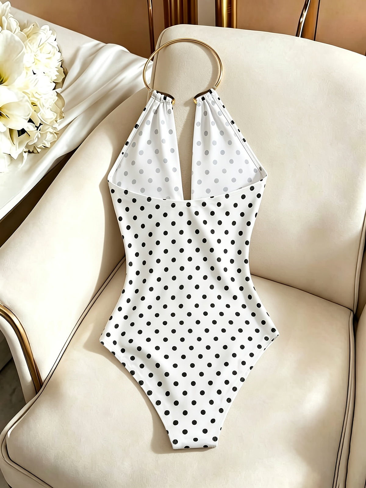 Spring/Autumn Simple Halter Neck Polka Dot Basic Bodysuit for Women, Stretchy Slim-Fit Flattering Base Layer, Versatile Tight-Fitting Top for Vacation and Dates - Polka Dots