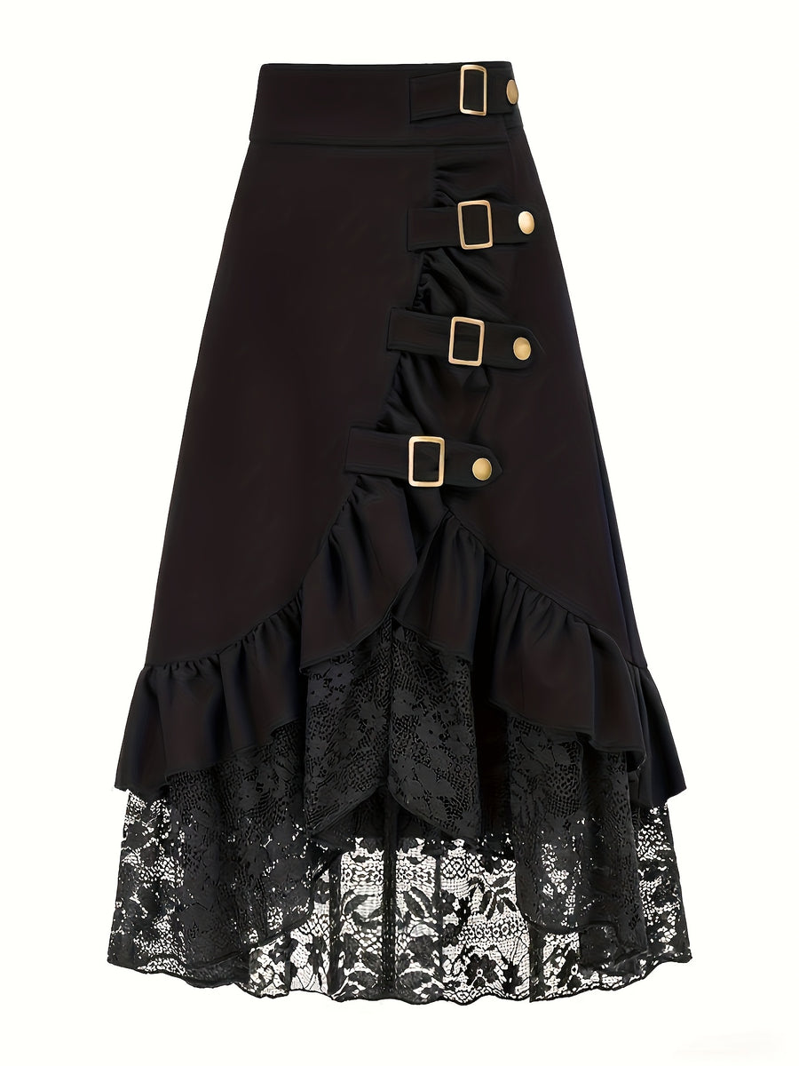Fashion Gothic Mini Skirt Lace Patchwork Ruffled Solid Color Pirate Skirt - Black 1
