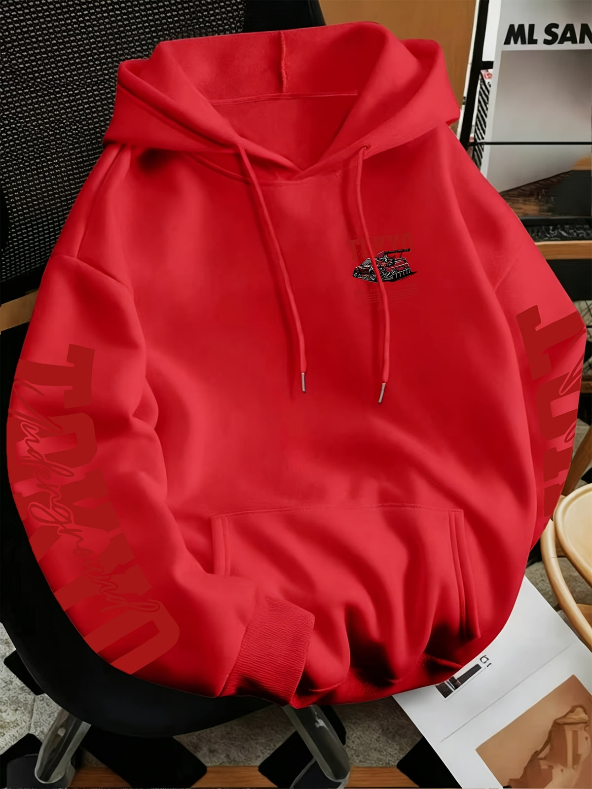 New Autumn/Winter Men's Tokyo Underground Racing Print Hooded Sweatshirt, American Street Style Motorcycle Top - Red