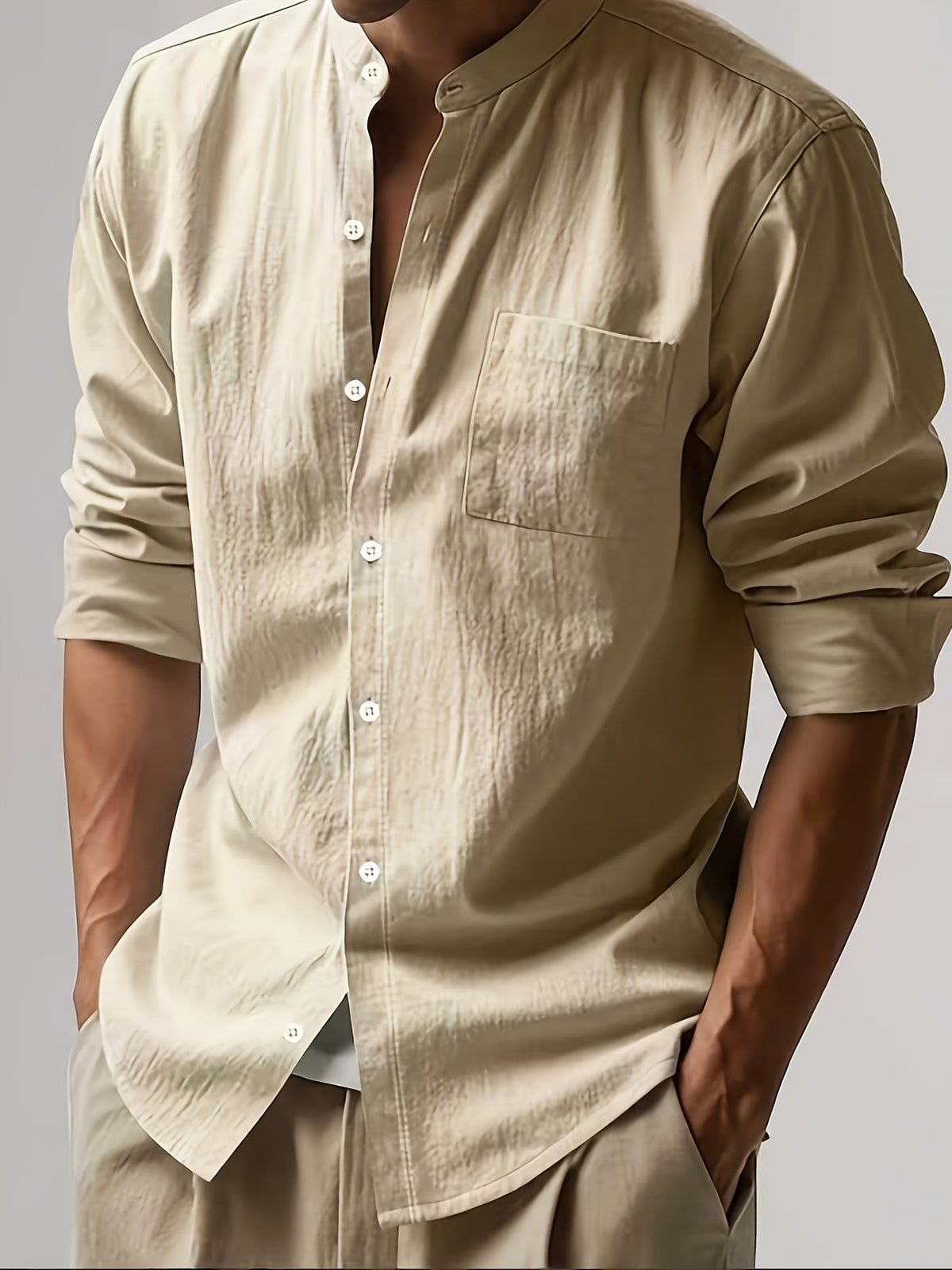 Men's Autumn Linen Long Sleeve Shirt 2pcs, Stand Collar Loose Fit, Breathable & Comfortable, Vintage Chinese Style for Daily Commute & Casual Wear, Gift Box Packaging for Gifting or Personal Use (Box and Props for Display Only) - Light White+Khaki